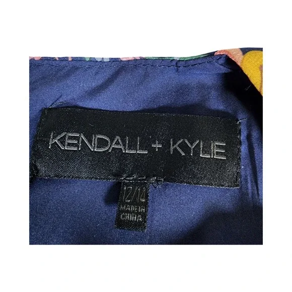 Kendall + Kylie Floral Ruffle Mini Dress Navy Blue Yellow Pink Long Sleeve 12/14 - Picture 3 of 9